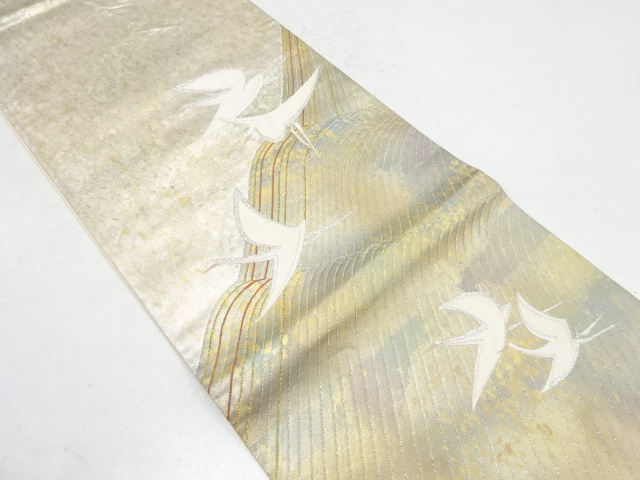 高島織物製　本金引き箔格子鳥文合織り出し袋帯